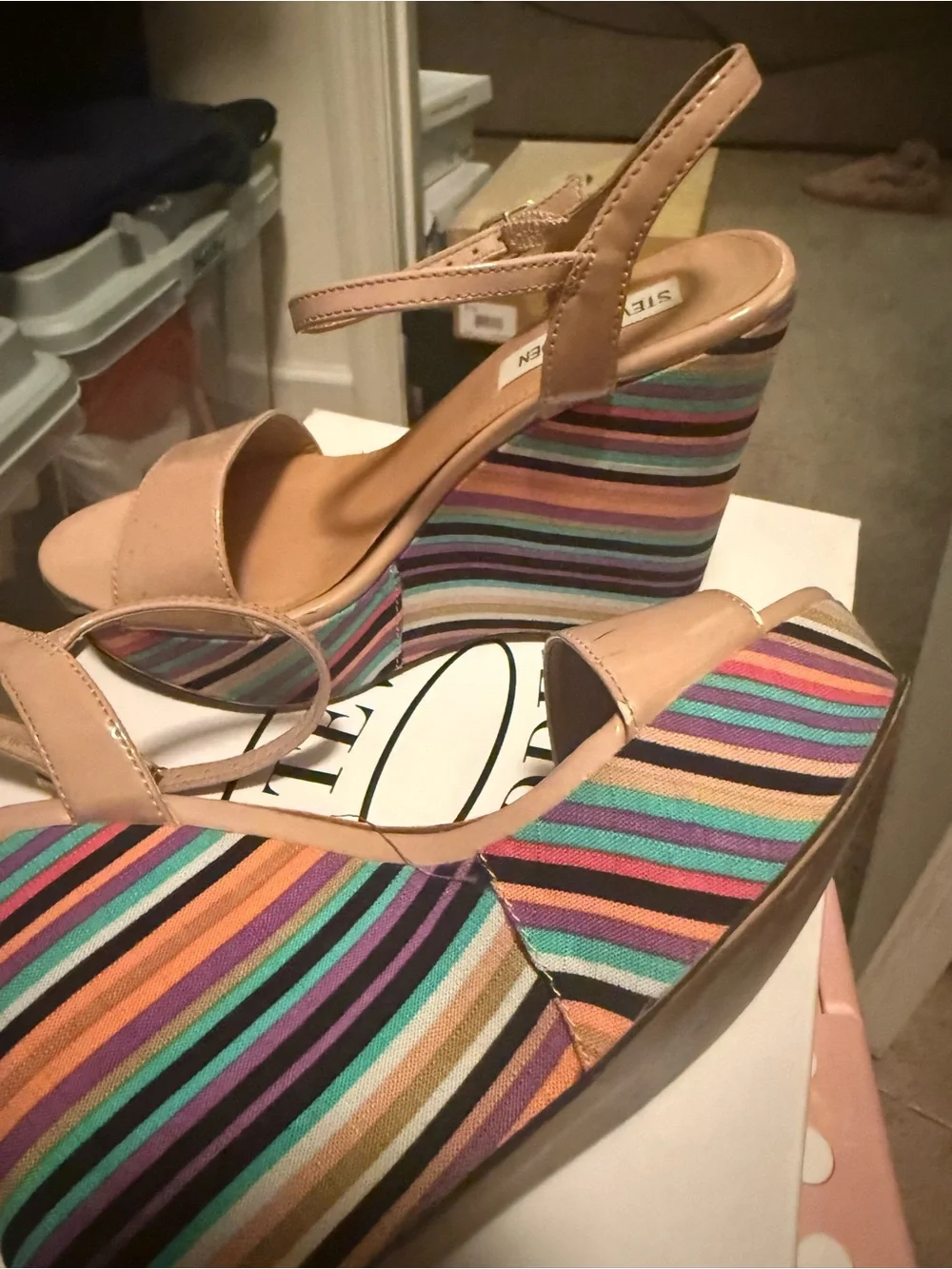 Steve Madden Nude Patent Strappy Wedges with Multi-Color Striped Platform